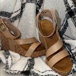 EUC Blowfish Malibu Tan Cork Wedge Sandals with Velcro Ankle Strap 10